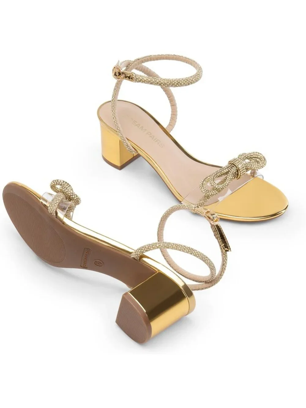 Dream Pairs Women's Gold Open Toe Rhinestone Double Bow Chunky Sandals